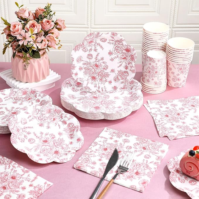 Newtay 250 Pcs Pink Floral Disposable Plates and Napkins Pink and White Floral Tableware Set for 50 Guests Disposable Paper Plates Napkins Cups for Wedding Bridal Shower Party Supplies