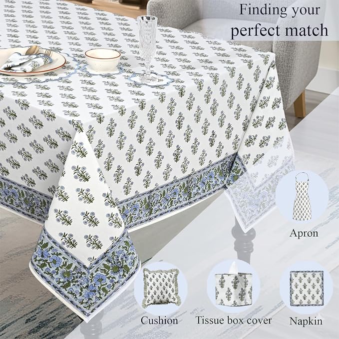 Ridhi Baby Blue Hand Block Print Cotton Rectangle Tablecloth 60" x 60" inches Reusable Table Cover Decorative Everyday Use for Dining Room, Farmhouse, Home Gift for Spring, Mother's Day