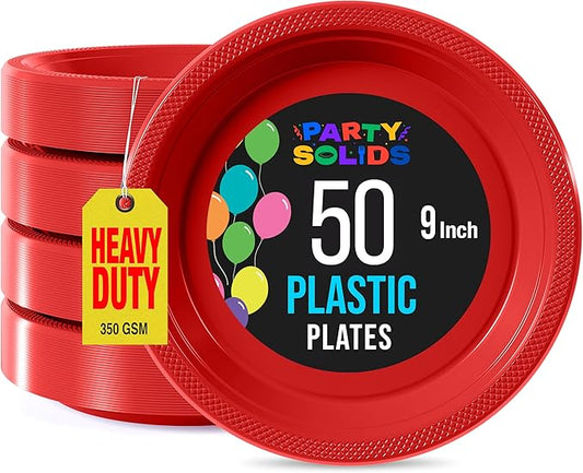 Exquisite Party Solids Red Plastic Plates For Party Supplies 9" Red Disposable Plates Heavy Duty 50 Pcs Plastic Dinnerware Sets Heavy Duty 350 GSM Disposable Dinnerware Set