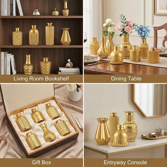 32 PCS Assorted Vintage Bud Vases, Colorful Glass Small Vases Bulk, for Centerpicecs, Wedding Table Decor, Home Decorations & Gifts (Gold Seiris)