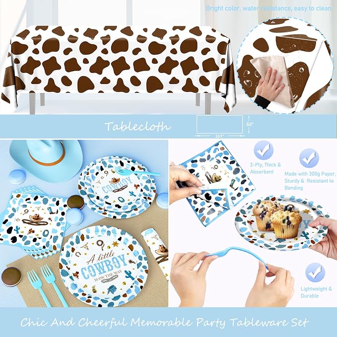 Hombae Cowboy Baby Shower Decorations, 256 PCs Western Baby Shower Party Supplies with A Little Cowboy is On The Way Backdrop, Balloon Garland, Cake Topper, Tableware Set - Plates, Napkins, Forks