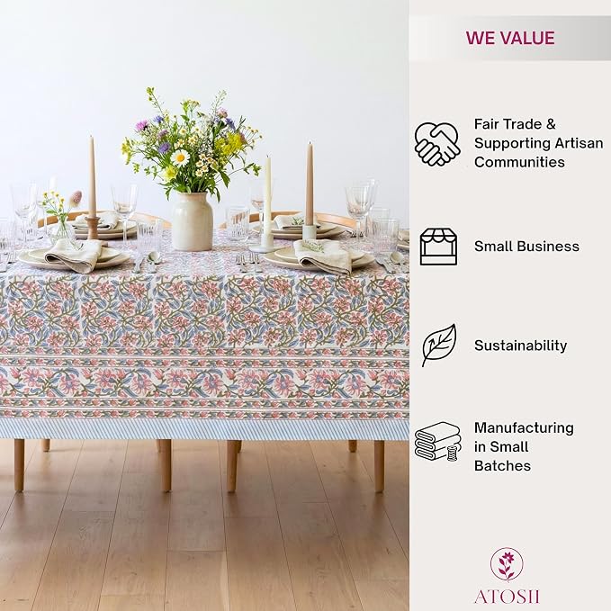 ATOSII Kalina 100% Cotton Rectangle Tablecloth, Handblock Floral Linen Table Cloth for Kitchen Dining Table I Parties Wedding Outdoors I Home Decor 60 X 90 Inches