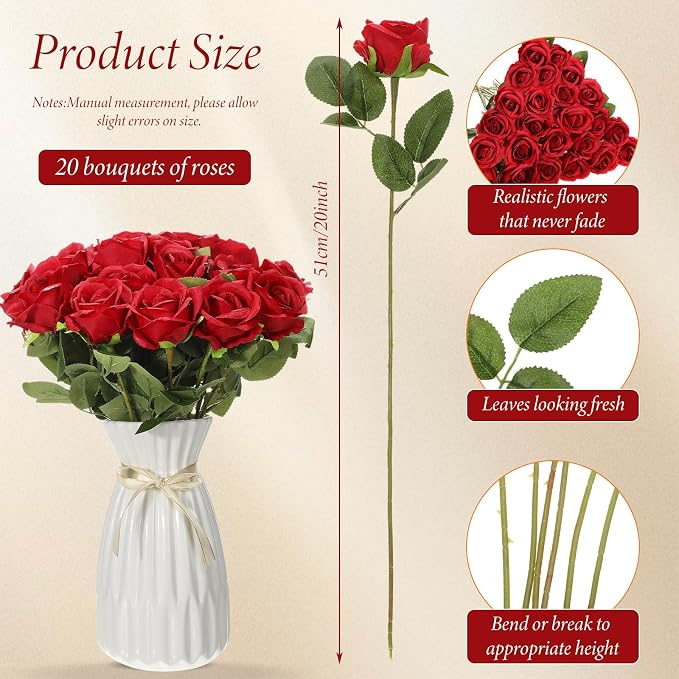 Hotop 20 Pcs Artificial Rose Flowers with Long Stem, Real Lifelike Silk Realistic Plastic Bouquet Roses Bulk for Home Decor Bridal Wedding Party Table Centerpieces Decorations(Red)