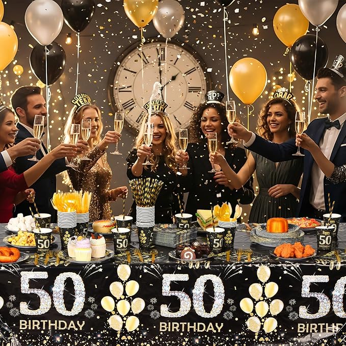 Funnymoom 452 Pcs 50th Birthday Decorations for Men, Black and Gold 50th Birthday Paper Plates Cups Napkins Tablecloth Cutlery Straws for Men Women 50 Year Old Party Supplies for 50 Guests