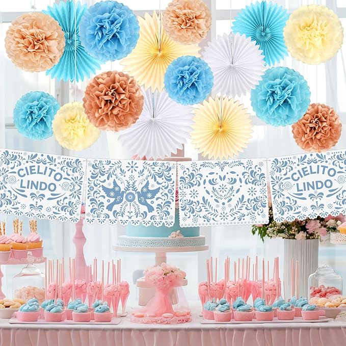 18 Pcs Cielito Lindo Party Decoration Cielito Lindo Decorations Hanging Paper Fans Pom Poms and Paper Banner for Bridal Shower, Fiesta, Engagement, Mexican Baby Shower(Blue)