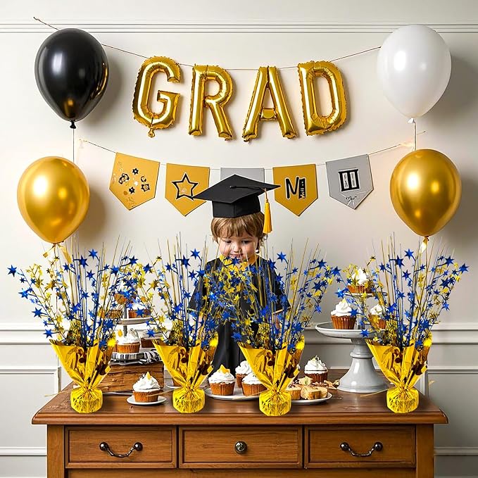 FUBININA 6 Pack 2026 Graduation Table Centerpiece Party Decoration Metallic Foil Spray Centerpiece Glitter Decor Star Tabletop for Graduation New Year Birthday Holiday Party Favor, Blue and Gold
