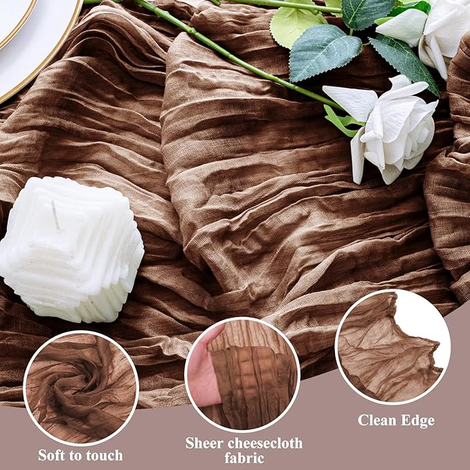 2PCS Table Runner Cheesecloth 10FT Brown Boho Gauze Cheese Cloth Rustic Sheer Table Runners for Wedding Bridal Baby Shower Party Decoration