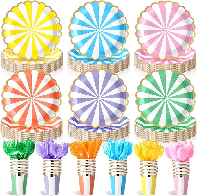 Mimorou 150 Pcs Pastel Scalloped Paper Plates Disposable Macaron Party Plates 7 Inch Gold Edge Colorful Dinnerware Set Striped Pastel Rainbow Tableware for Wedding Birthday Baby Shower Party Supplies