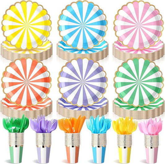 Mimorou 150 Pcs Pastel Scalloped Paper Plates Disposable Macaron Party Plates 7 Inch Gold Edge Colorful Dinnerware Set Striped Pastel Rainbow Tableware for Wedding Birthday Baby Shower Party Supplies