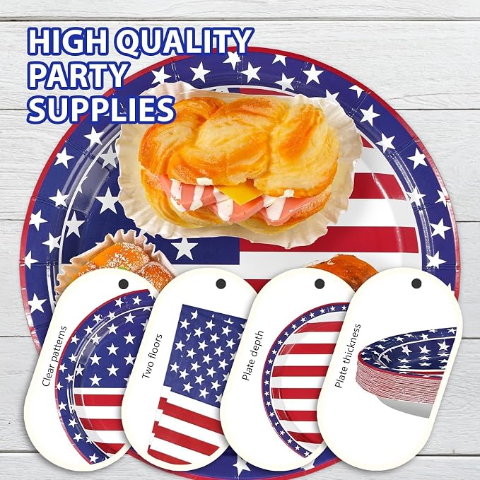 96Pcs 4th of July Patriotic Party Supplies Patriotic Paper Plates and Napkins US American Flag Disposable Tableware for 4th of July 250th Anniversary Memorial Day Party Decorations Serve 24