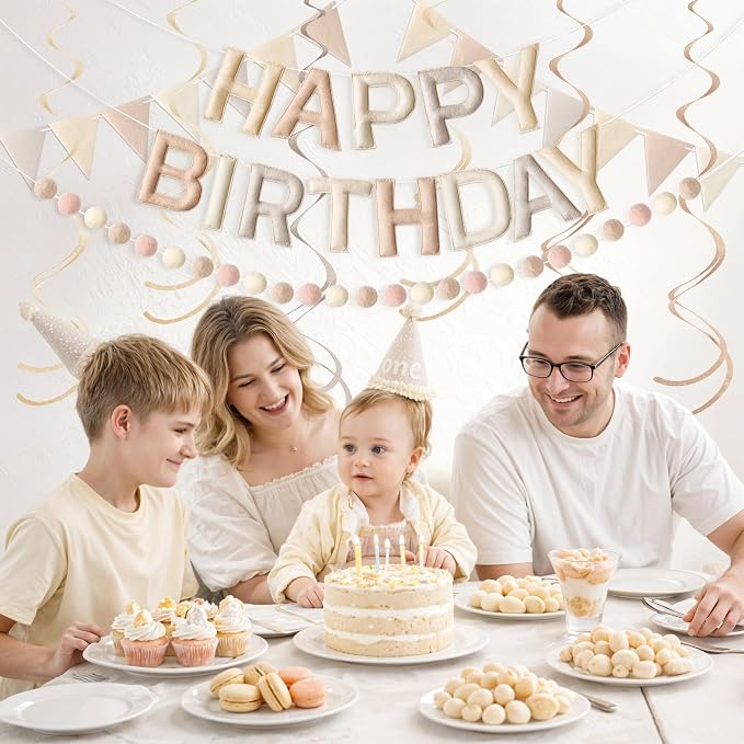Kriyokiaa Pre-Strung Felt Happy Birthday Banner Retro Neutral Happy Birthday Party Decorations with Pom Pom Garland, Flag and Hanging Swrils for Women Men Boys Girls Party Decor