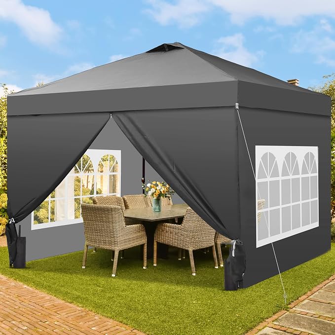 GDY 10x10 Pop Up Canopy Tent with 4 Sidewalls, Easy Set up, Outdoor Silver Coated Beach Gazebos, Carpas with 4 Sandbags, for Events, Parties,Camping, Grey.