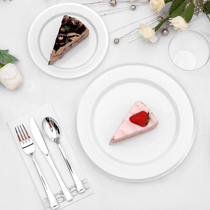 350-Piece Silver Rim Plastic Dinnerware Set for 50 Guests, Elegant Disposable Dinnerware for Party, Wedding, Includes Dinner Plates, Dessert Plates, Silverware, Napkins, Cups