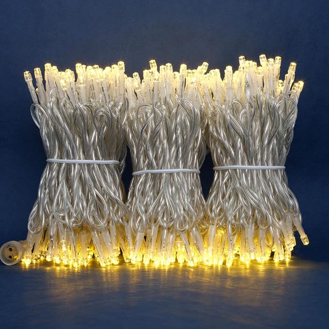 YULETIME 300 Warm White String Lights, 100 ft Clear Wire 8 Models 5mm LED | Wide Angle Bulbs, Safe 29V Adapter, Multimode Lighting, Connectable, 100' Total Length, 1-Strand 300 Lights, 4" Spacing