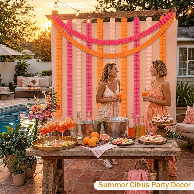 Hot Pink and Orange Party Decorations, 12Pcs 4-Leaf Paper Streamers | Paper streamer garlands for sunset parties, citrus spritz themes, birthdays, weddings, baby showers and bachelorette parties