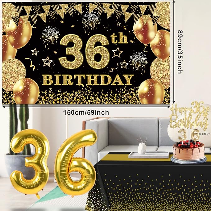 36th Birthday Decorations Men Women with 36th Birthday Banner, Black and Gold Table Cloth, Number Balloons, Large Sash, Cake Topper and Candles