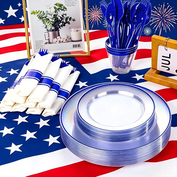 SUT 350 Pcs Blue and Clear Plastic Dinnerware Set for 50 Guests, Include: 50 Dinner Plates, 50 Dessert Plates, 50 Pre Rolled Napkins With Silverware, 50 Cups, Disposable Plates for Party, Wedding