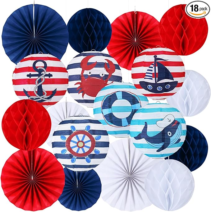 Retisee 18 Pcs Nautical Party Decoration Anchor Ship Wheel Hanging Paper Lantern Honeycomb Fans Honeycomb Ball for Boat Cruise Party Ceiling Decor Supplies