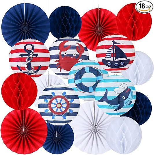 Retisee 18 Pcs Nautical Party Decoration Anchor Ship Wheel Hanging Paper Lantern Honeycomb Fans Honeycomb Ball for Boat Cruise Party Ceiling Decor Supplies