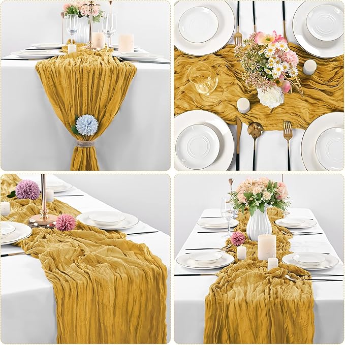 10 Pcs Mustard Cheesecloth Table Runner 10FT, Gauze Table Runner for Wedding Reception Sheer Bridal Shower Birthday Party Boho Table Decoration, Rustic Romantic Wedding Runner