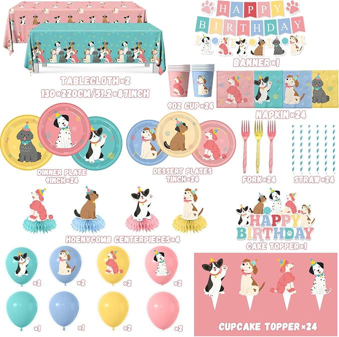 Dog Themed Birthday Party Decorations,Puppy Birthday Party Decorations Vintage Dog Plates and Napkins,Cups,Tablecloth,Happy Birthday Banner,Balloon,Cake Topper for Kids Dog Birthday Party Supplies