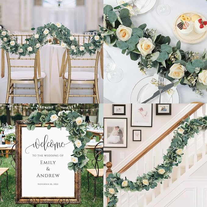 Ouddy Decor Eucalyptus Garland 6.56 Ft Lush Silver Dollar Leaves Boxwood Artificial Faux Greenery Vines for Baby Shower Wedding Party Table Runner Room Home Mantle Decor, Champagne