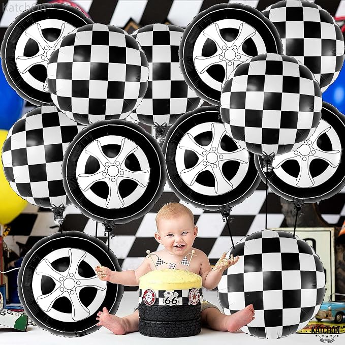 KatchOn, Huge Tire Balloons and Checkered Balloons - 18 Inch, Pack of 12 | Two Fast Two Curious Birthday Decorations | Tire Balloon, Two Fast Birthday Decorations | Race Car Birthday Party Decorations