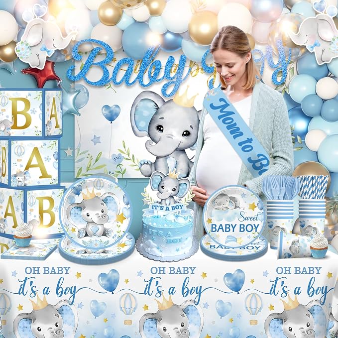 cocomigo 260PCS Elephant Baby Shower Decorations, All-in-1 Party Pack, Includes 20 Elephant Theme Tableware, Backdrop Tablecloth Balloon Kit for Baby Shower Decorations Boy