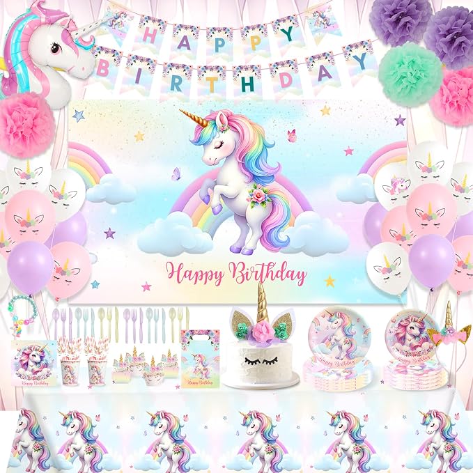 191 Pc Unicorn Birthday Decorations for Girls – Complete Unicorn Party Decorations Supplies Kit with Backdrop, Banner, Plates, Napkins, Balloons, Headband, Tablecloth – Rainbow Party For Kids
