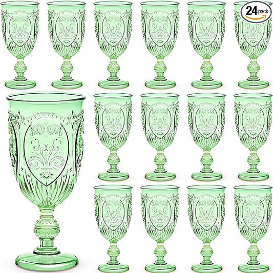 Wiwiqing 24 Pcs Plastic Goblets 7.5oz Vintage Goblet Plastic Wine Glasses Colored Retro Embossed Water Goblets for Wine Bar Juice Baby Shower Wedding Reception Grand Event Party (Green)