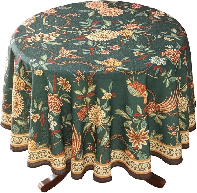 ISAENNE Designer Linen Green Round Tablecloth,Diameter 55"-Mitchell | Vintage Elegant Table Cloth for Round Table,Floral and Bird Pattern,Heavyweight,Dining Room,Kitchen,Thanksgiving,Decor