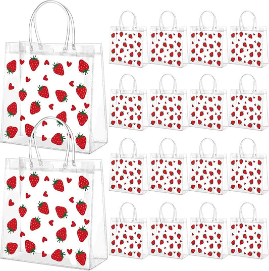 Kacctyen 24 Pcs Gift Bags for Party Favor Clear Goodie Bags with Handle 7.87 x 7.87 x 3.15 Return Gift Wrap Totes for Guests Treat Candy Wrapping(Strawberry)
