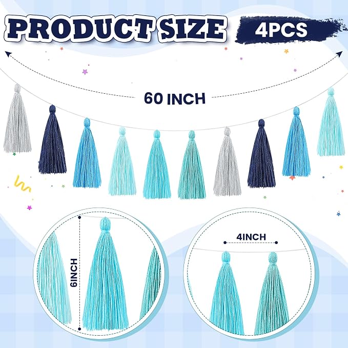 WILLBOND 4 Pcs Rainbow Tassel Garland Party Decorations, Colorful Boho Wall Hanging Banner for Classroom Decor, Back to School Birthday Wedding Baby Shower Nursery Home(Blue Gray,6.3 Inch)