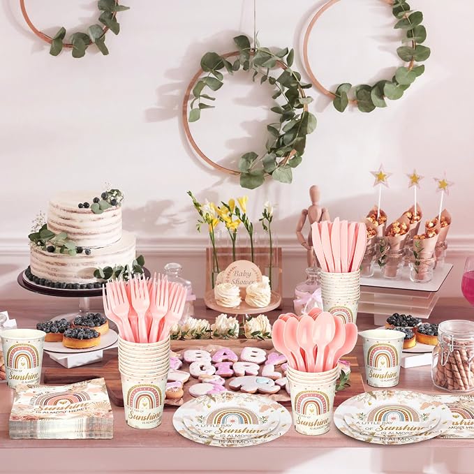 Dandat 350 Pcs Baby Shower Party Supplies Serves 50 Tableware Sets Include Plates Napkin Cup Forks Knives Spoons Disposable Dinnerware (Boho Style,Pink)