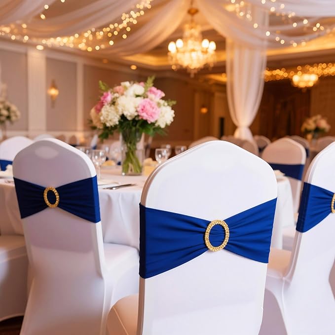 Pack of 50 Spandex Royal Blue Chair Sashes with Gold Buckles, Stretch Chairs Sashes for Wedding Party Baby Shower Ceremony Event Decorations Chair Bands Bows (Royal Blue Sashes, Gold Buckles)