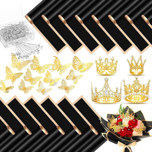 192 Pcs Flower Bouquet Accessory Wedding Mother's Day 40 Sheets Wrapping Paper 48 Pcs 3D Gold Butterfly Wall Decor 100 Pcs Flower Pin 4 Gold Crown for Birthday Party Decor(Black)
