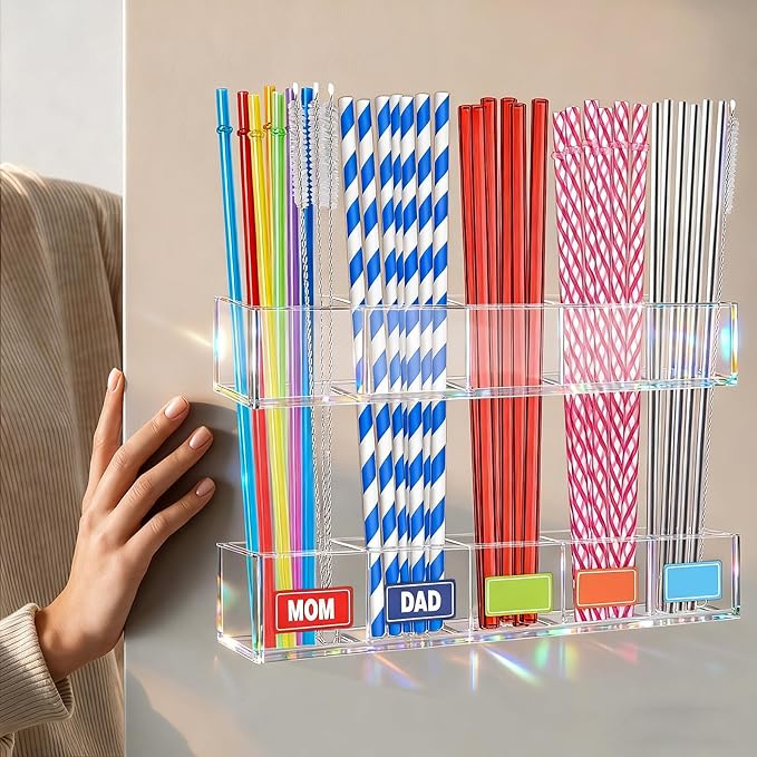 Aheroi Straw Holder, 9.5”Large Adjustable Straw Holder for Cabinet Door, Reusable Acrylic Sign holder for Small Kitchen Accessories, Storage Holder, Double-Sided Adhesive Tape&Colour Labels