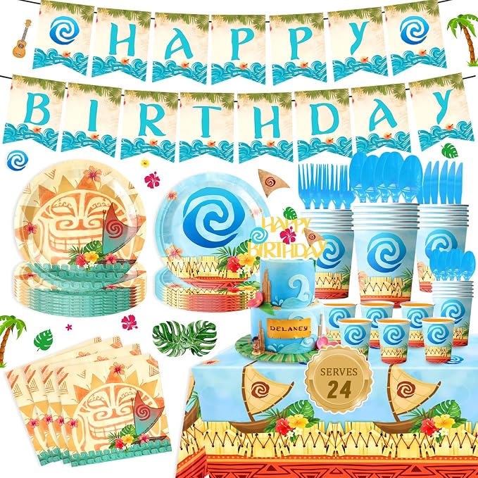 170PCS Tropical Birthday Party Decorations Set - Hawaiian Luau Tableware Set with Plates, Cups, Napkins, Cutlery, Tablecloth & Banner for Ocean Princess Party Supplies, Serves 24 Guests
