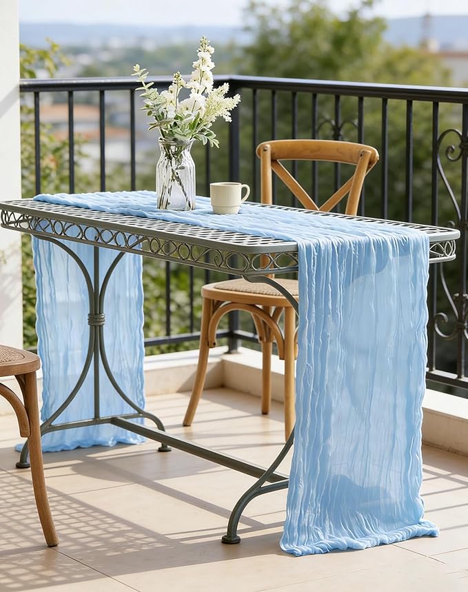 8 Pack Baby Blue Cheesecloth Table Runner 21x120 Inch Gauze Table Runners Reusable Polyester 10ft Boho Rustic Cheese Cloth Table Runner for Wedding Party Baby Shower