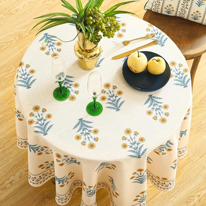 ISAENNE Designer French Linen Round Tablecloth,Diameter 55"-Estevan A | Vintage Elegant Beautiful Printed Table Cloth,Pale Yellow Floral Pattern,Durable,Dining,Kitchen,Tea Party,Thanksgiving