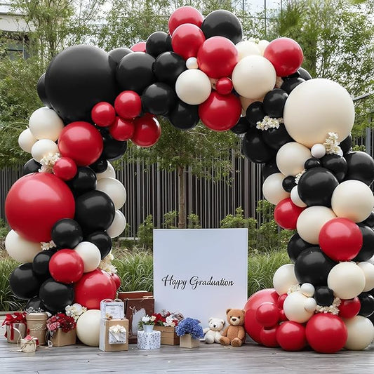 Red Black And White Balloons Garland Arch Kit, Double Stuffed Ruby Ivory Red White And Black Balloons Arch Kit for Birthday Anniversary Graduation Wedding Party Decoration