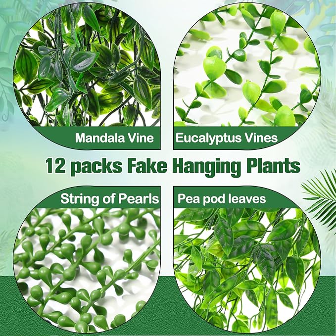 Daifunli 12 Pcs Artificial Hanging Plants Fake Hanging Ferns Plastic Faux Plants for Wall Room Garden Garland Indoor Outdoor Decor No Basket (Eucalyptus,Mandala,String of Pearls,Pea)
