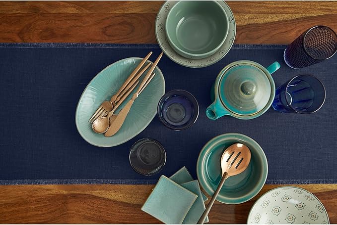 Solino Home Linen Navy Blue Table Runner 120 Inches Long - Fringe, 100% Pure Linen 14 x 120 Inch Table Runner for Mothers Day, Memorial Day