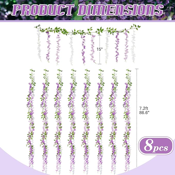 Thiccywoov 8pcs Wisteria Artificial Flowers Garland, 7.2Ft/Piece Wisteria Hanging Flowers Garland for Wedding Arch Decoration Outdoor Ceremony Home Backdrop Garden (Light Purple,Dark Purple,White)