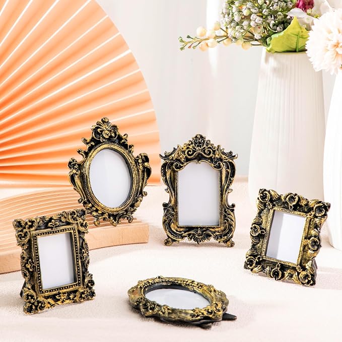 Maitys 50 Pcs Mini Picture Vintage Frames with Stands Tiny Antique Photo Baroque Ornate Resin Oval Frame Table Top Display Home Wedding Decor (Black Gold)