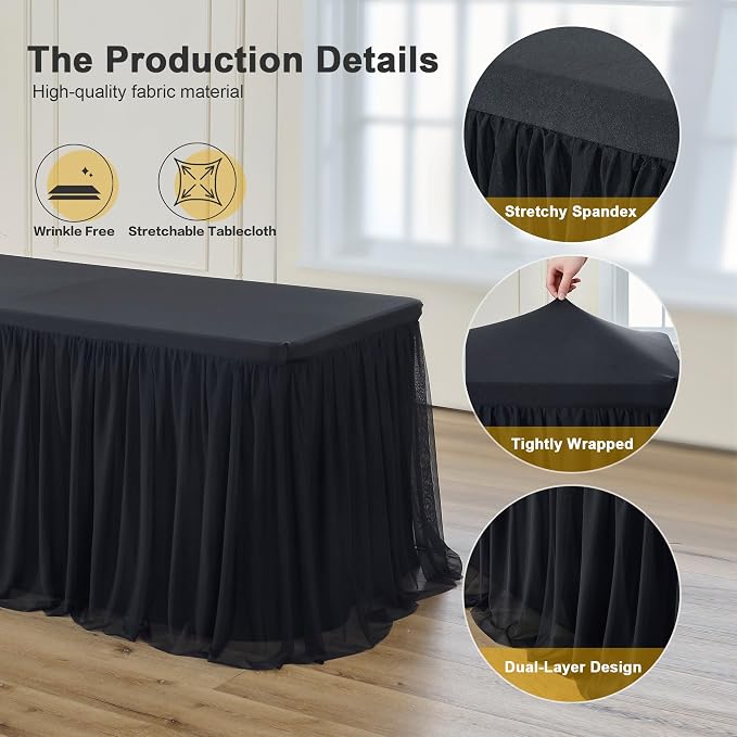 familus Black Table Cloths 8 Foot Rectangle 6 Pack Stretch Ruffle Tulle Tablecloth Spandex Fitted Table Cover for 8 Foot Tulle Table Skirts for Party Wedding Table Cloths, Banquets
