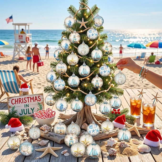 Outus 16 Pcs Summer Beach Ornaments Ball Ocean Beach Decorations for Tree Coastal Nautical Navigation Seashell Hanging Ornaments Xmas Decorations for Home Small Tree Fireplace Holiday Party Favors