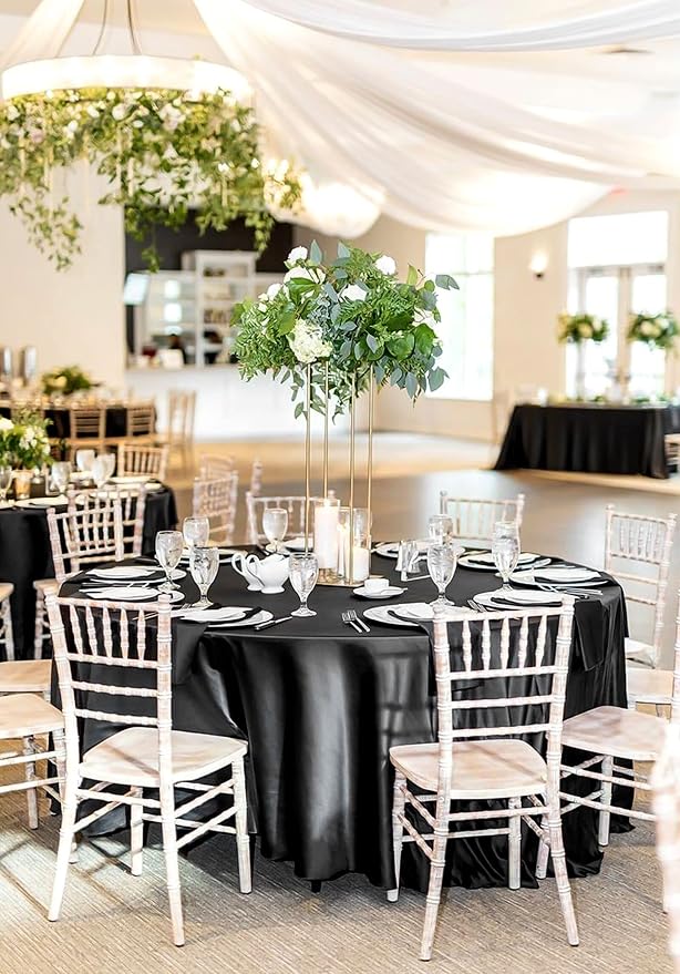 12 Pack 90 Inch Round Tablecloth, Black Satin Fabric Table Cloth for Round Tables, Wrinkle Resistant Washable Table Cover Bright Silk Tables Clothes for Wedding Party Dining Banquet