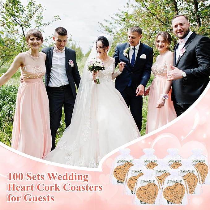 100 Sets Rustic Wedding Favor Coasters, Heart Cork Coasters for Guests, Mr & Mrs Coaster Favors with Thank You Cards & Organza Bags, Bridal Shower Party