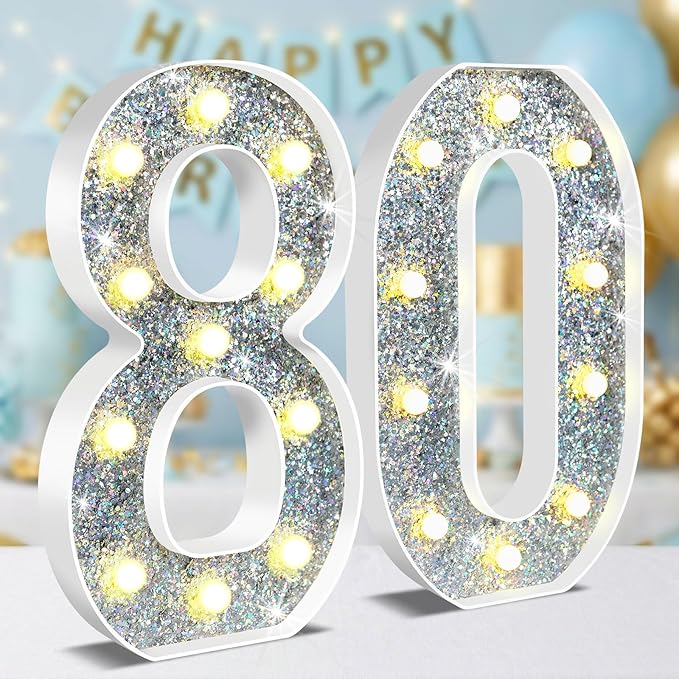 12.6 Inch LED Silver Marquee Light Up Numbers, 80th Birthday Decorations Number Lights as Gifts for Women Men, Glitter Lighted Marquee Numbers for Silver Anniversary Party Table Decor, 80